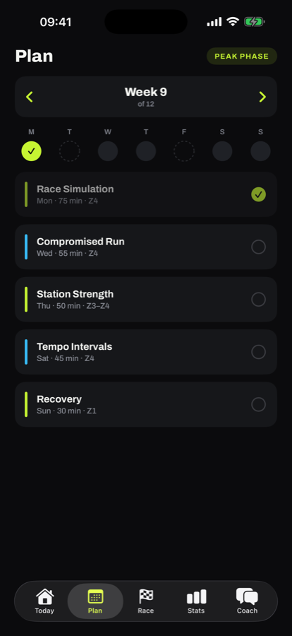 Training plan screen showing week 9 of 12 in the peak phase