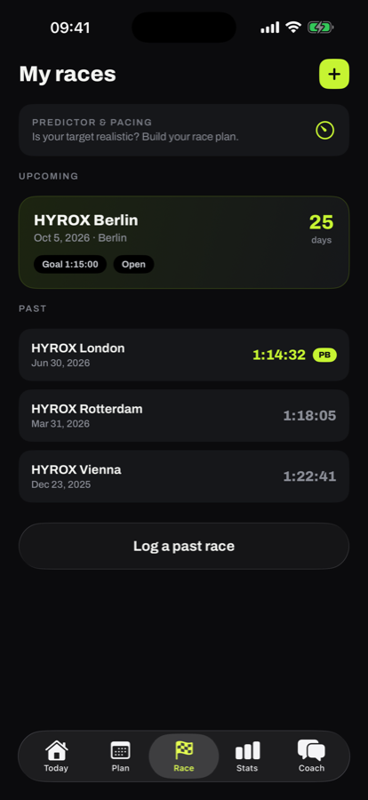 My Races screen with an upcoming race countdown and past results