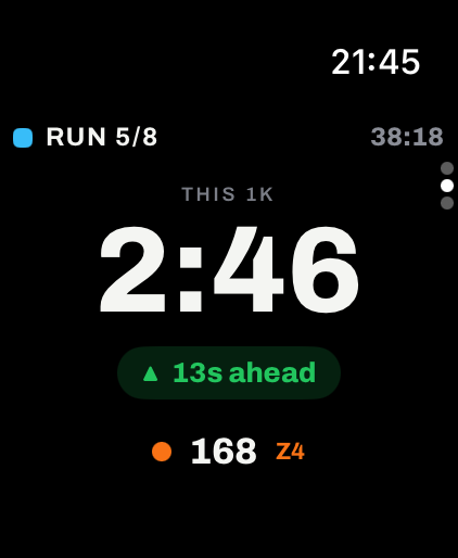 RoxPace on Apple Watch during run 5 of 8, 13 seconds ahead of target